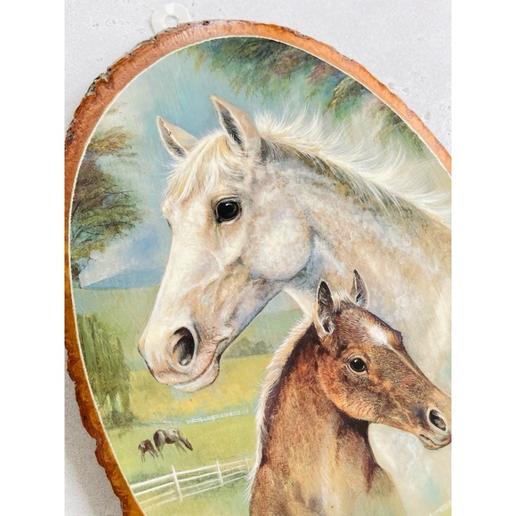Vintage Wood Slice Souvenir Plaque Wall Hanging With Horses Mare & Foal - Picture 2 of 5